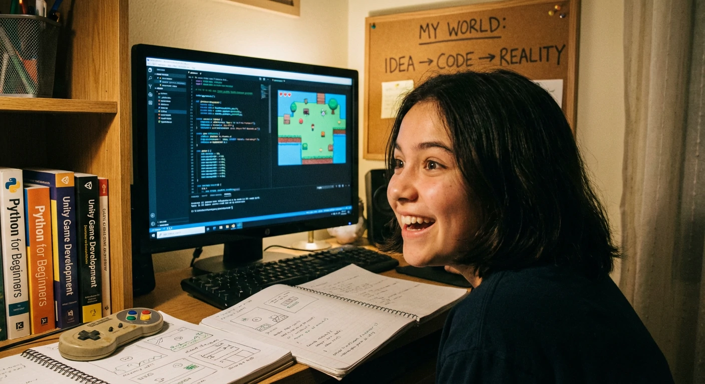 Счастливый ученик IT-школы за своим проектом